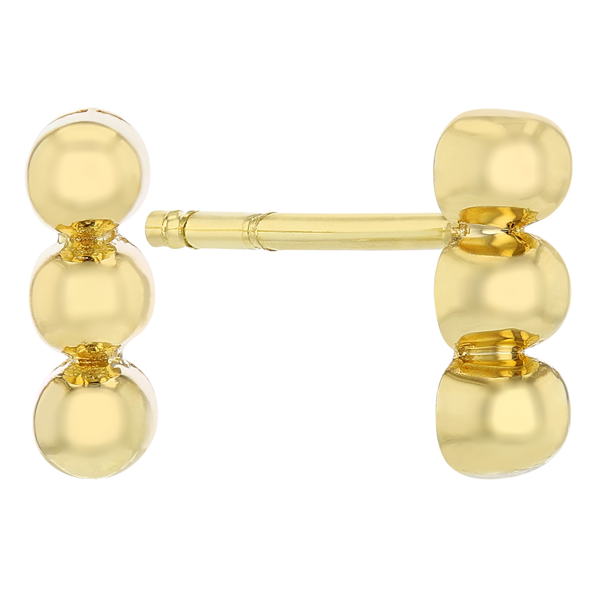 Yellow Gold 3 Bead Bar Stud Earrings