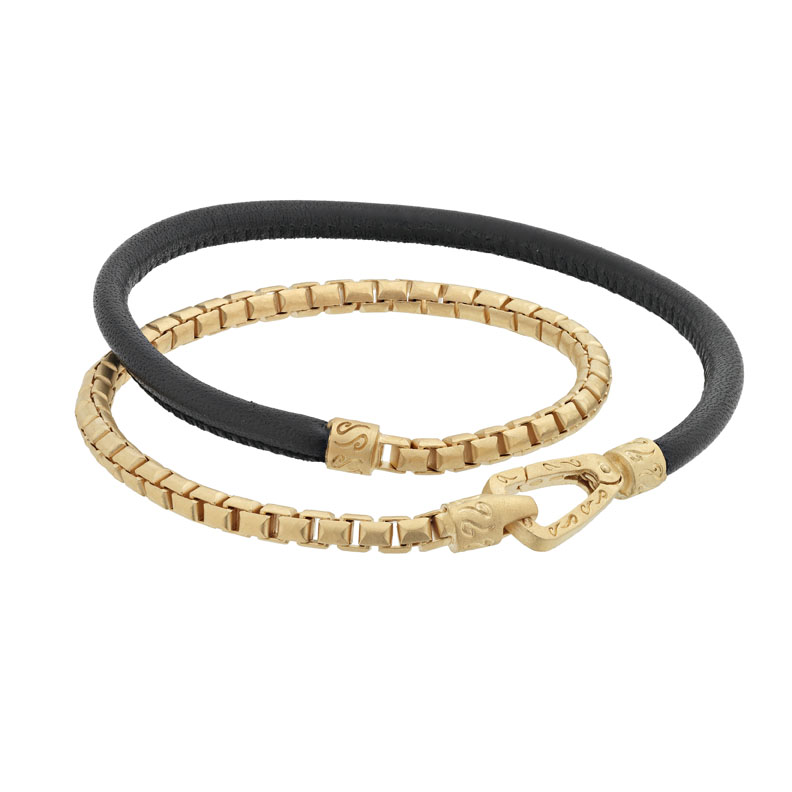 Marco Dal Maso Lash Double Wrap Yellow Gold Chain and Smooth Black Leather Bracelet