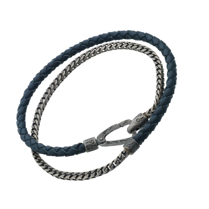 Marco Dal Maso Lash Double Wrap 8mm Silver Chain and Braided Leather Bracelet