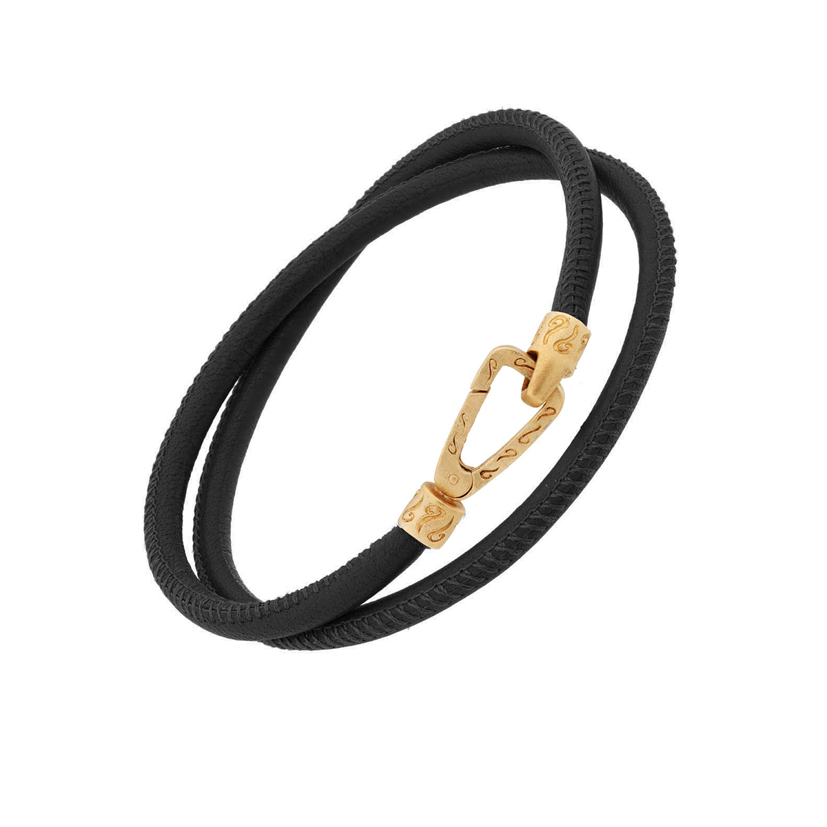 Marco Dal Maso Double Wrap Yellow Gold Smooth Black Leather Bracelet ...