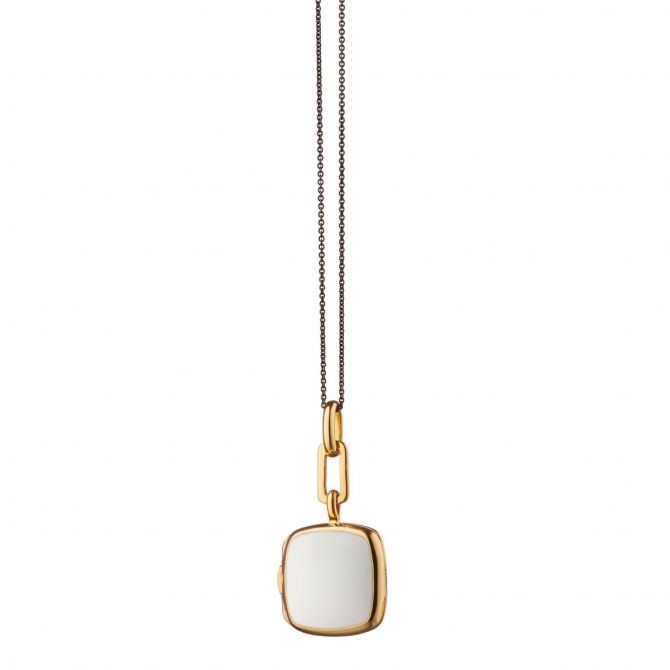 Monica Rich Kosann White Enamel Cushion Locket in Yellow Gold Vermeil 17"