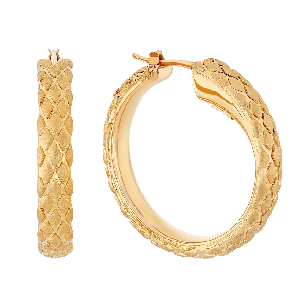 Roberto Coin Perfect Hoops Yellow Gold Snakeskin Engraved Pattern Hoop Earrings