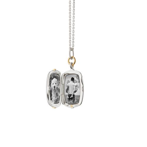 Monica Rich Kosann Slim Rectangle Brie Two Tone Locket in Sterling Silver and Yellow Gold