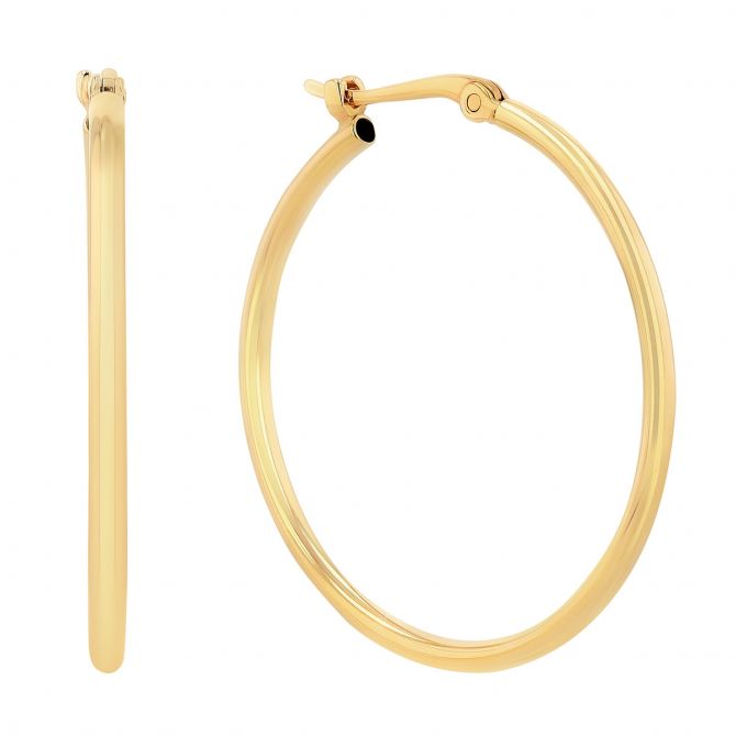 Yellow Gold Thin Tube Hoop Earrings, 1.5 x 25 mm