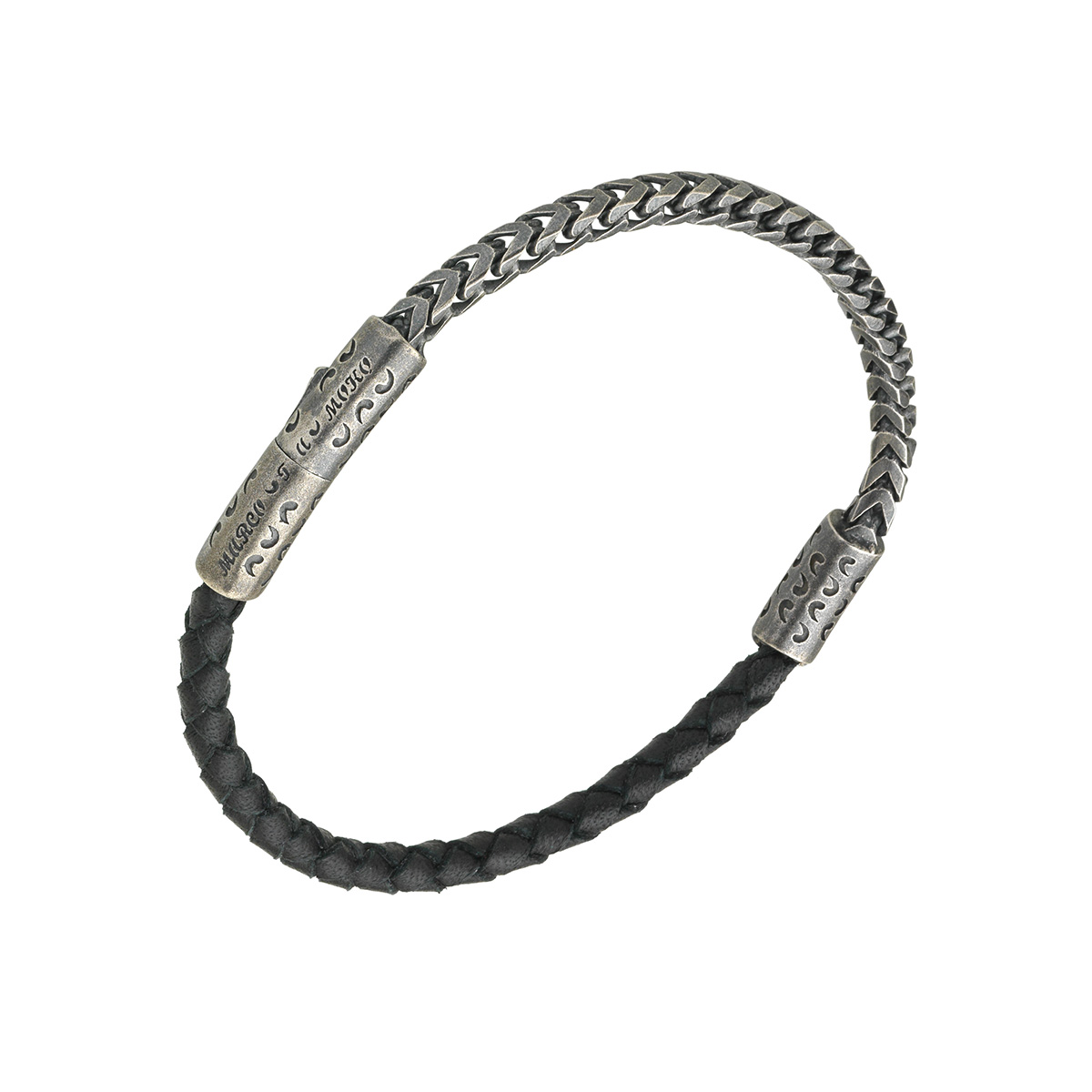 Marco Dal Maso LASH Mixed Chain and Braided Leather Bracelet, Black and Silver