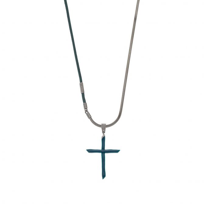 Marco Dal Maso The Cross Slick Enamel Pendant and Leather Chain, Green
