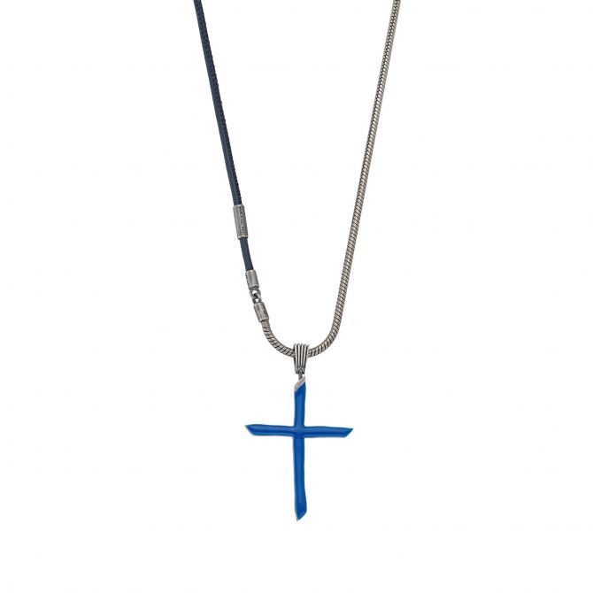 Marco Dal Maso The Cross Slick Enamel Pendant and Leather Chain, Blue
