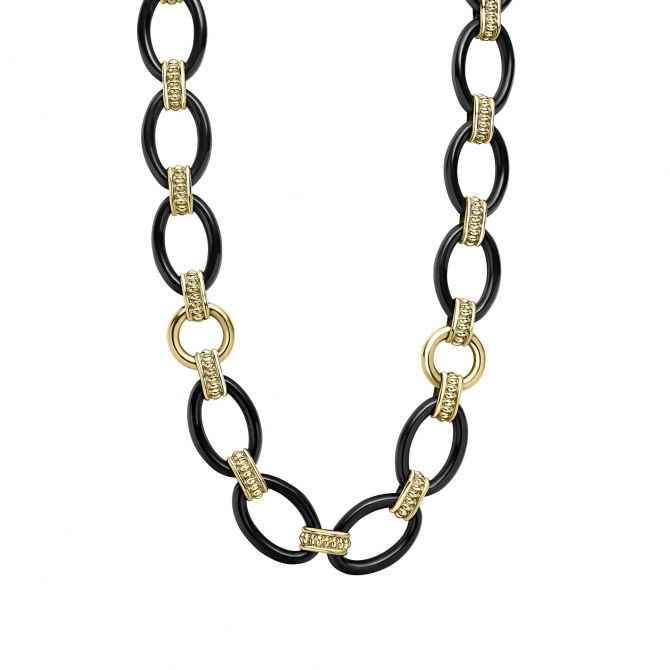 LAGOS Gold & Black Caviar Yellow Gold & Ceramic Link Necklace, 18"