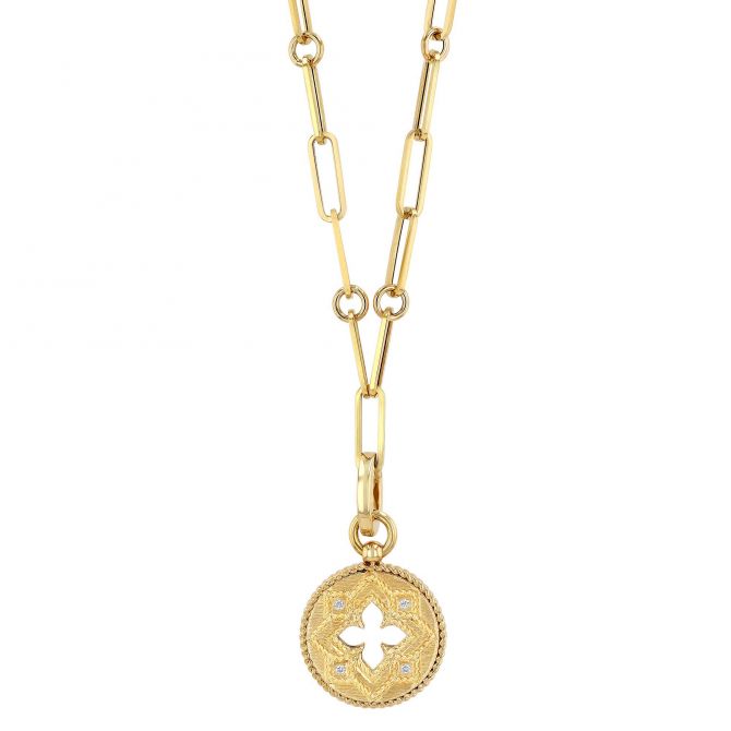 Roberto Coin Venetian Princess Satin Medallian Pendant with Diamond Accents in Yellow Gold, 20"