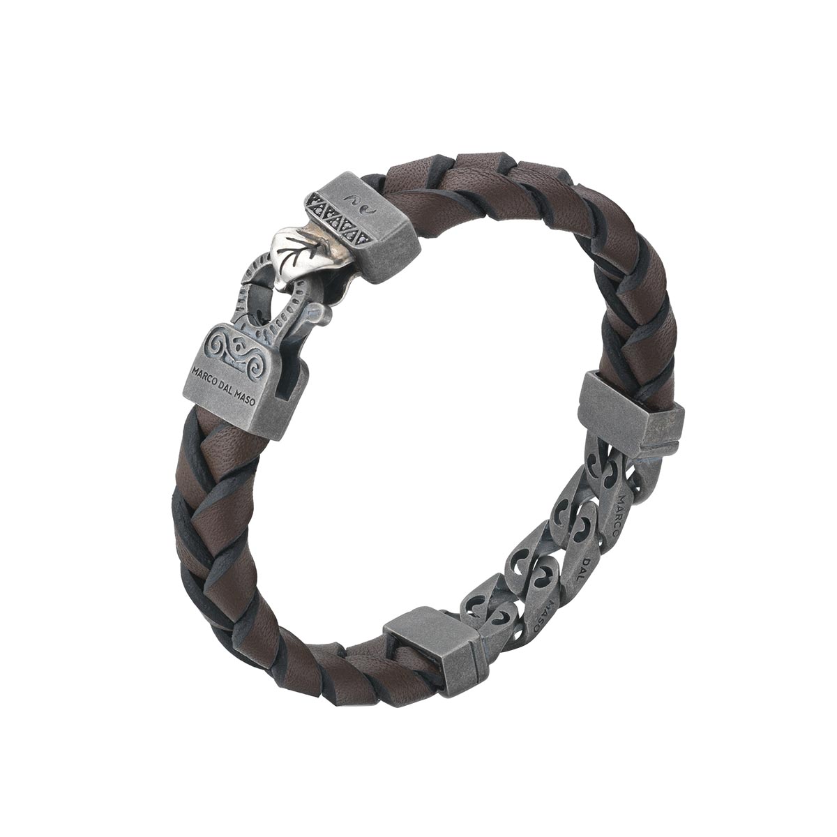Marco Dal Maso Flaming Tongue Brown Leather & Oxidized Sterling Silver Bracelet with Black Diamonds,