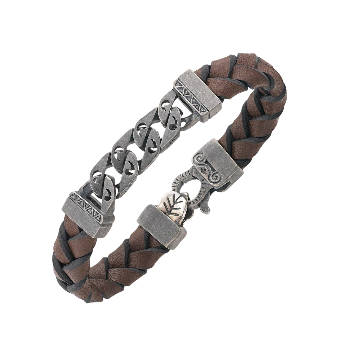 Marco Dal Maso Flaming Tongue Brown Leather & Oxidized Sterling Silver Bracelet with Black Diamonds,