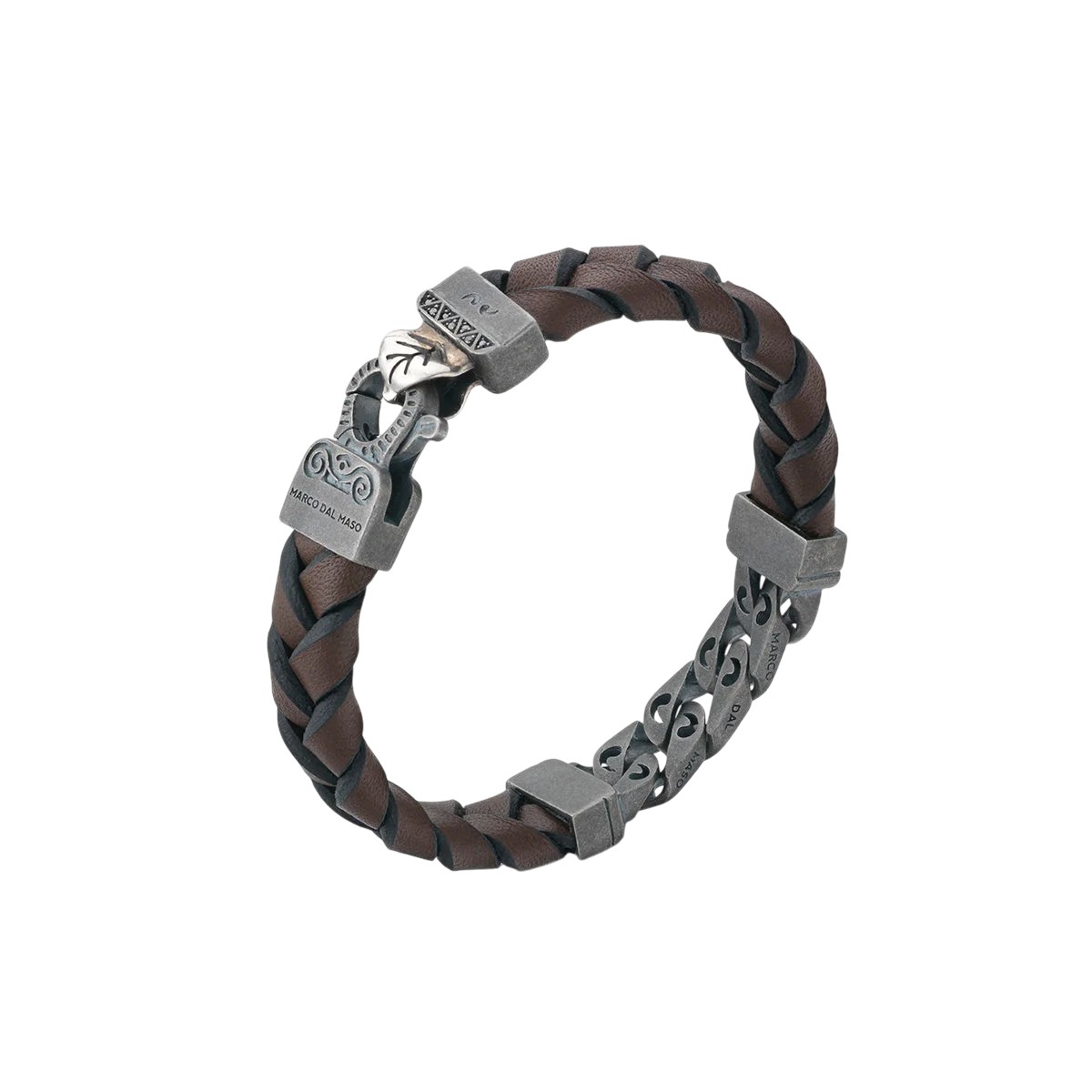 Marco Dal Maso Flaming Tongue Brown Leather & Oxidized Sterling Silver Bracelet with Black Diamonds,