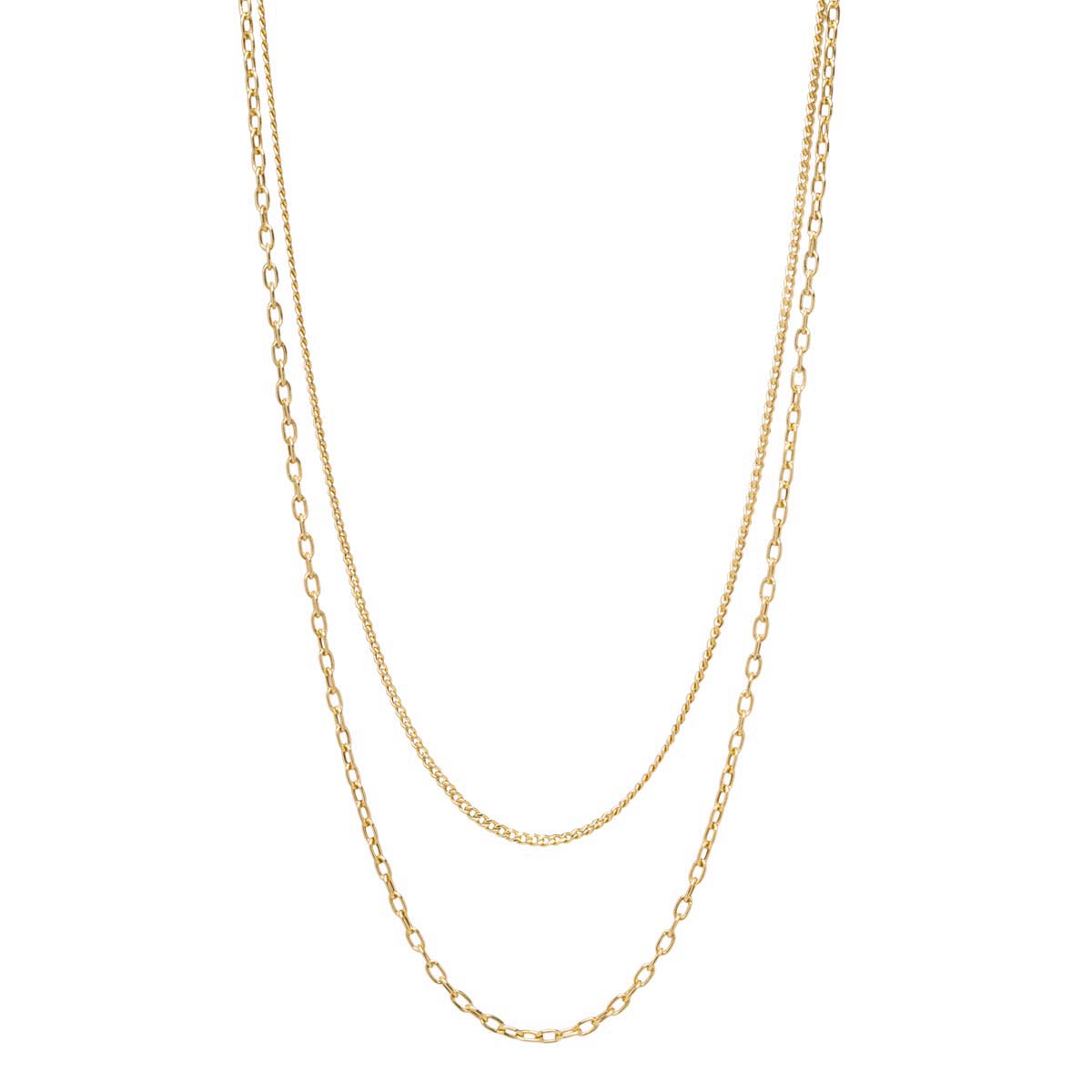 Zoe Chicco Yellow Gold Extra Small Curb & Small Square Oval Link Double Chain Necklace, 20