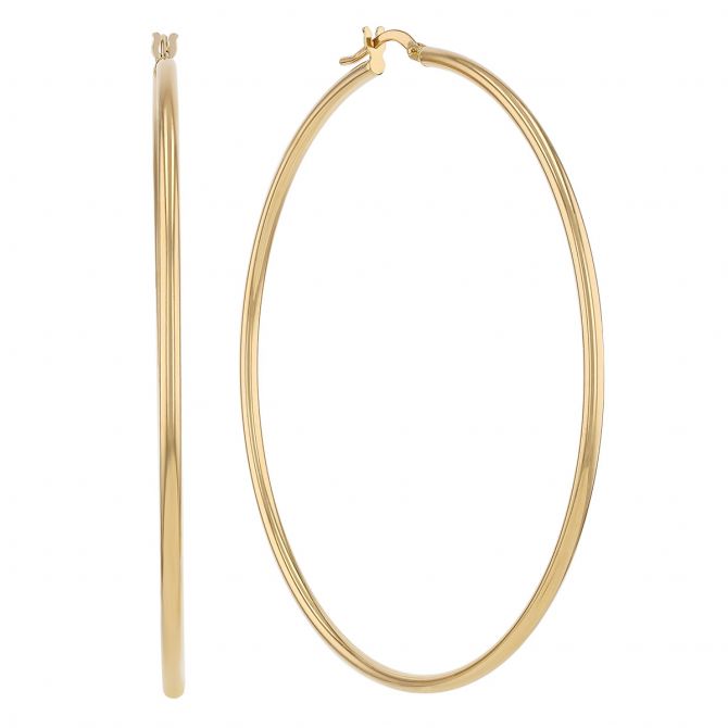 Yellow Gold Thin Tube Hoop Earrings, 60 mm