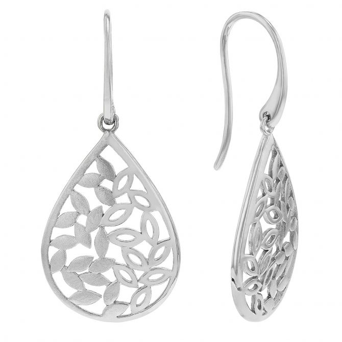 Sterling Silver Half Brushed Leaf Teardrop Dangle Earrings