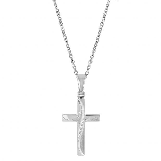 Sterling Silver Cross Swirled Brushed Finished Pendant, 18"