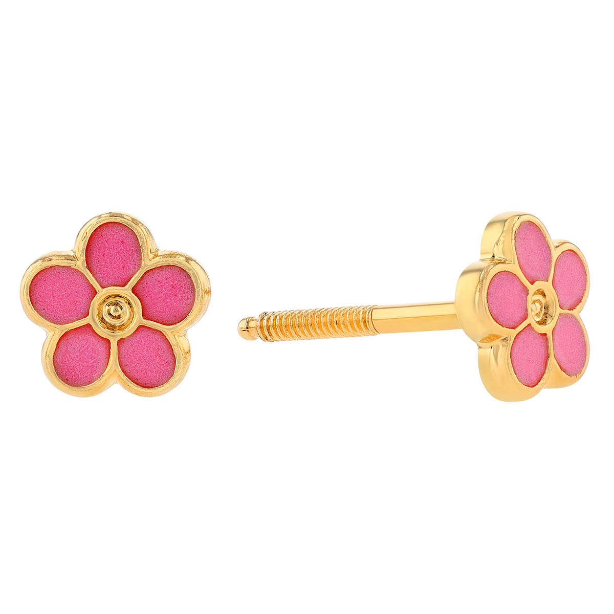 Children's Pink Resin Flower Stud Earrings in Yellow Gold