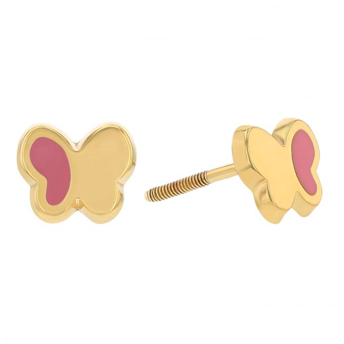 Children's Yellow Gold & Pink Enamel Butterfly Stud Earrings