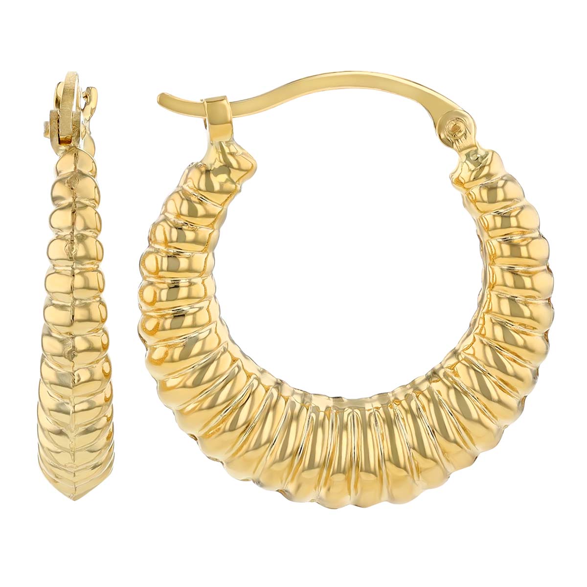 Yellow Gold Tapered Ridge Texture Hoop Earrings