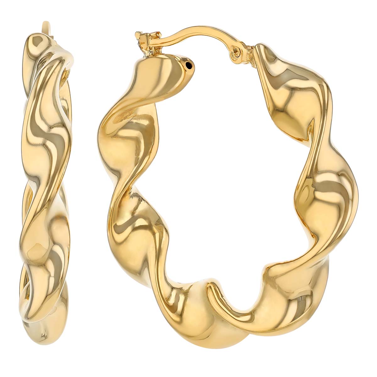 Yellow Gold Flat Tube Twist Hoop Earrings