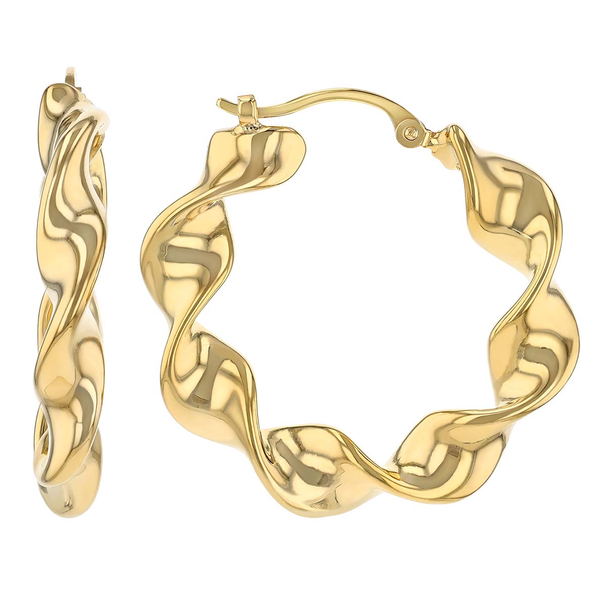 Yellow Gold Flat Tube Twist Hoop Earrings