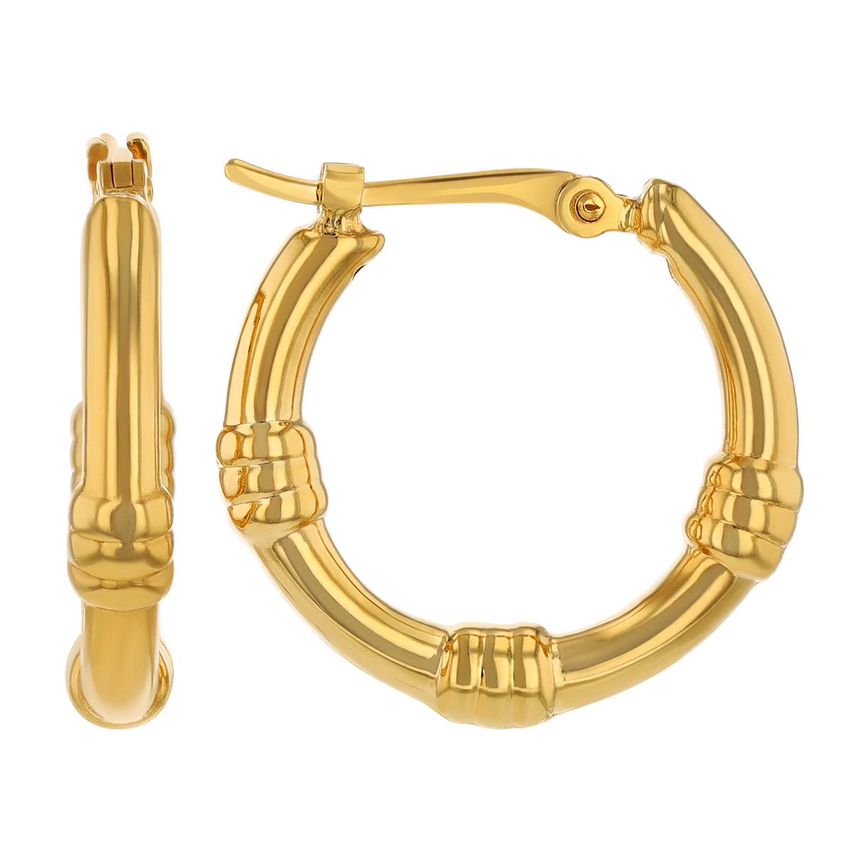 Yellow Gold Bamboo Texture Huggie Hoop Earrings