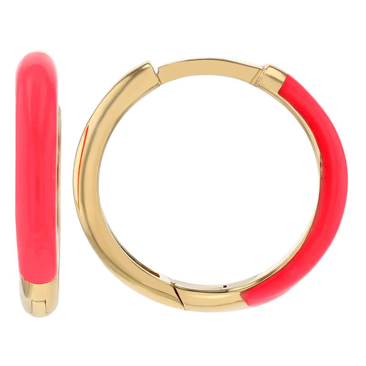 Bright Pink Enamel Hoop Earrings in Yellow Gold
