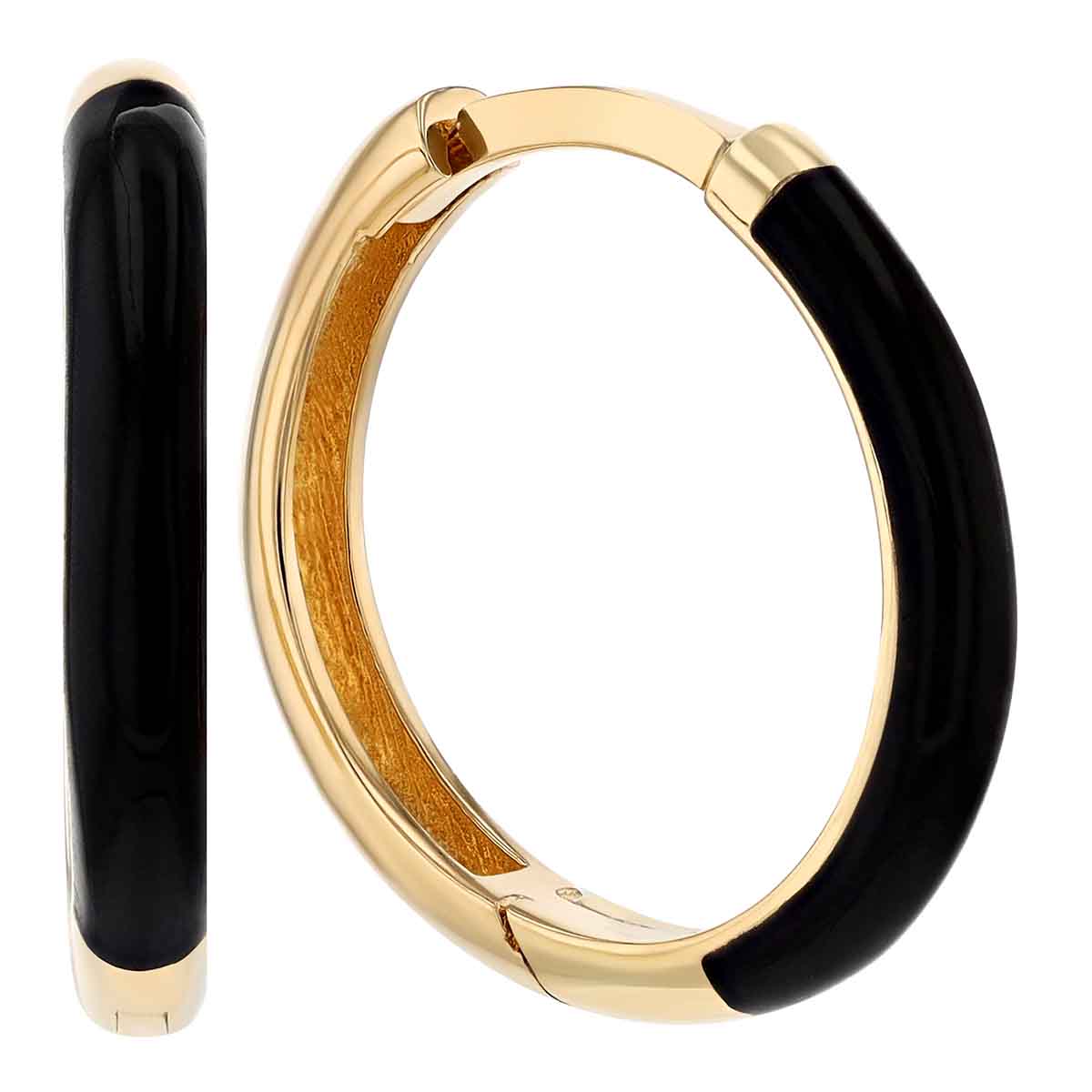 Black Enamel Hoop Earrings in Yellow Gold