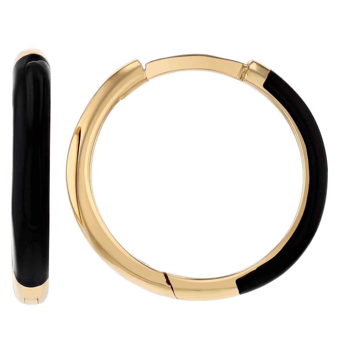 Black Enamel Hoop Earrings in Yellow Gold