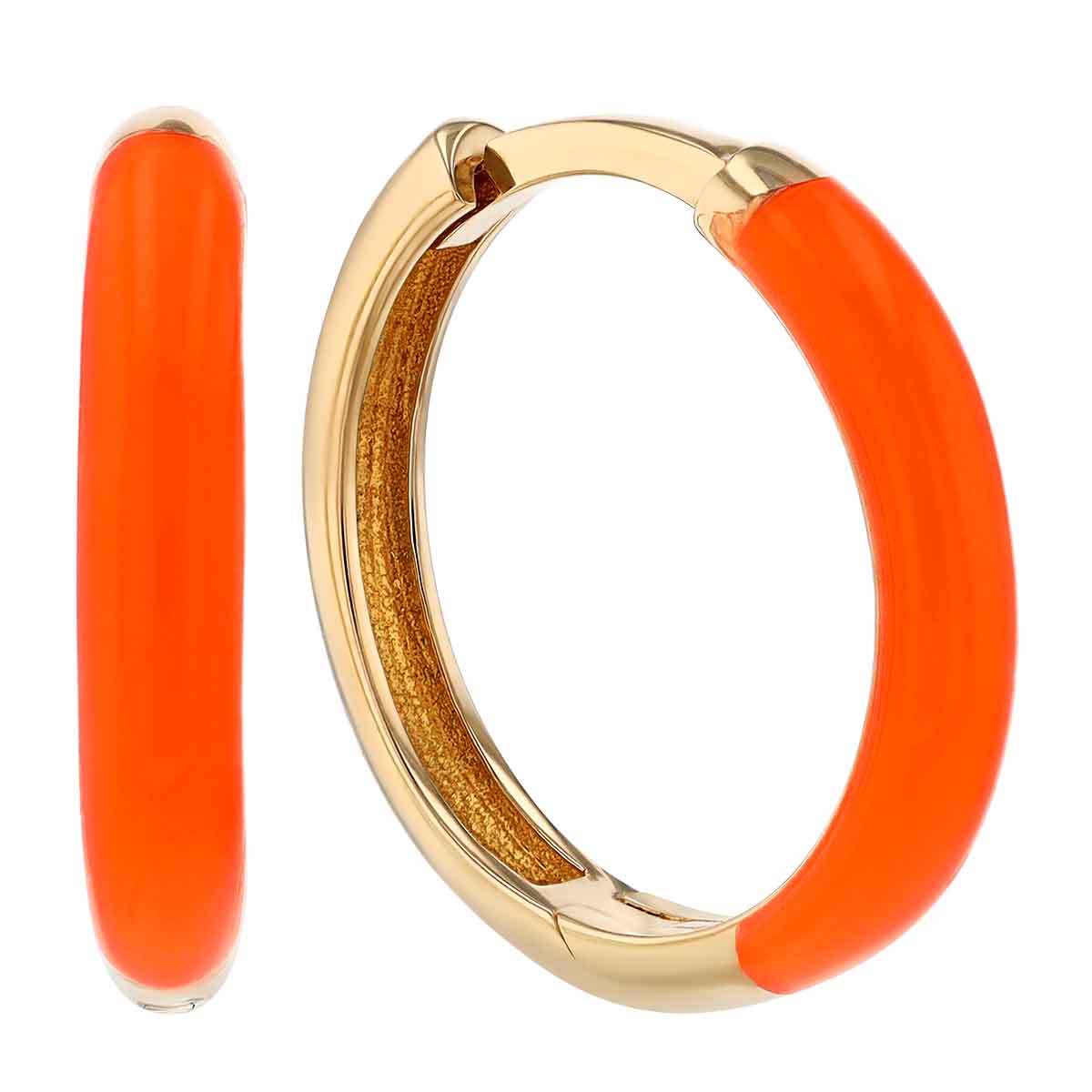 Orange Enamel Hoop Earrings in Yellow Gold