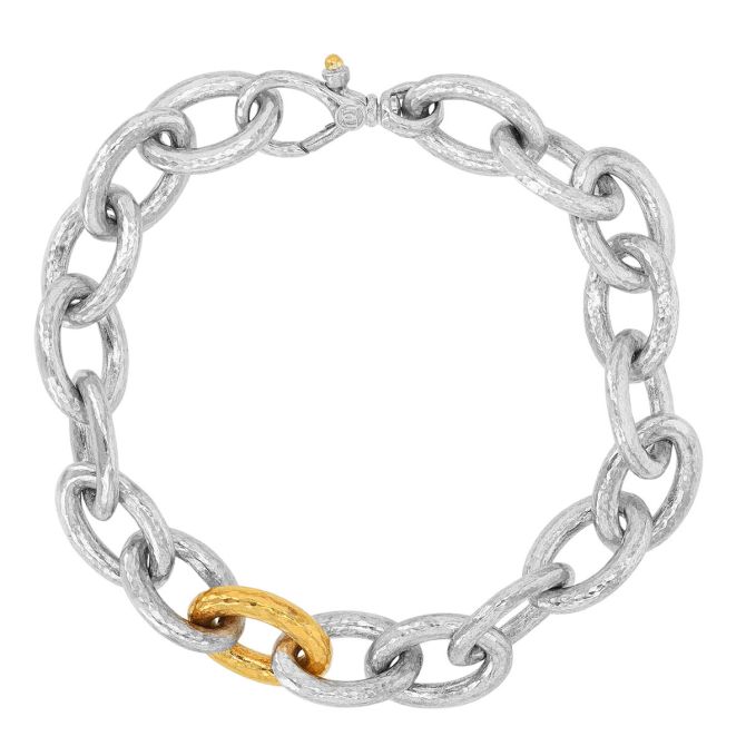 Gurhan Sterling Silver Chain Bracelet with Single Yellow Tone Link, 8"