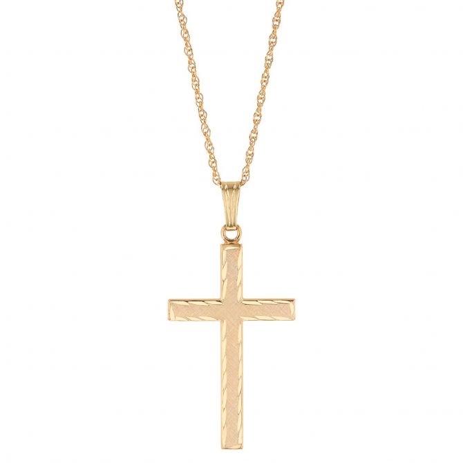 Yellow Gold Twist Pattern Outline Cross Pendant, 20"