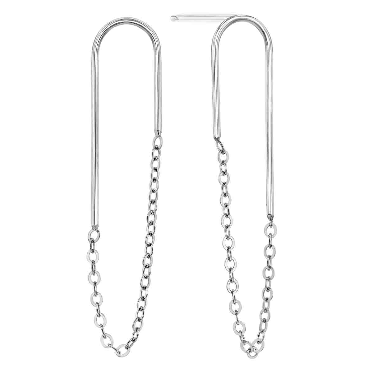 White Gold Endless Oval Curved Bar & Chain Earrings