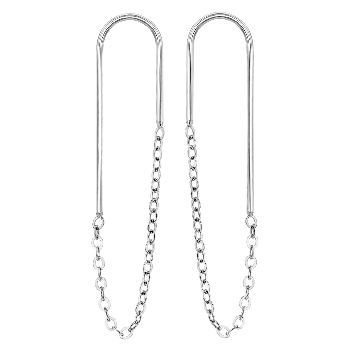 White Gold Endless Oval Curved Bar & Chain Earrings