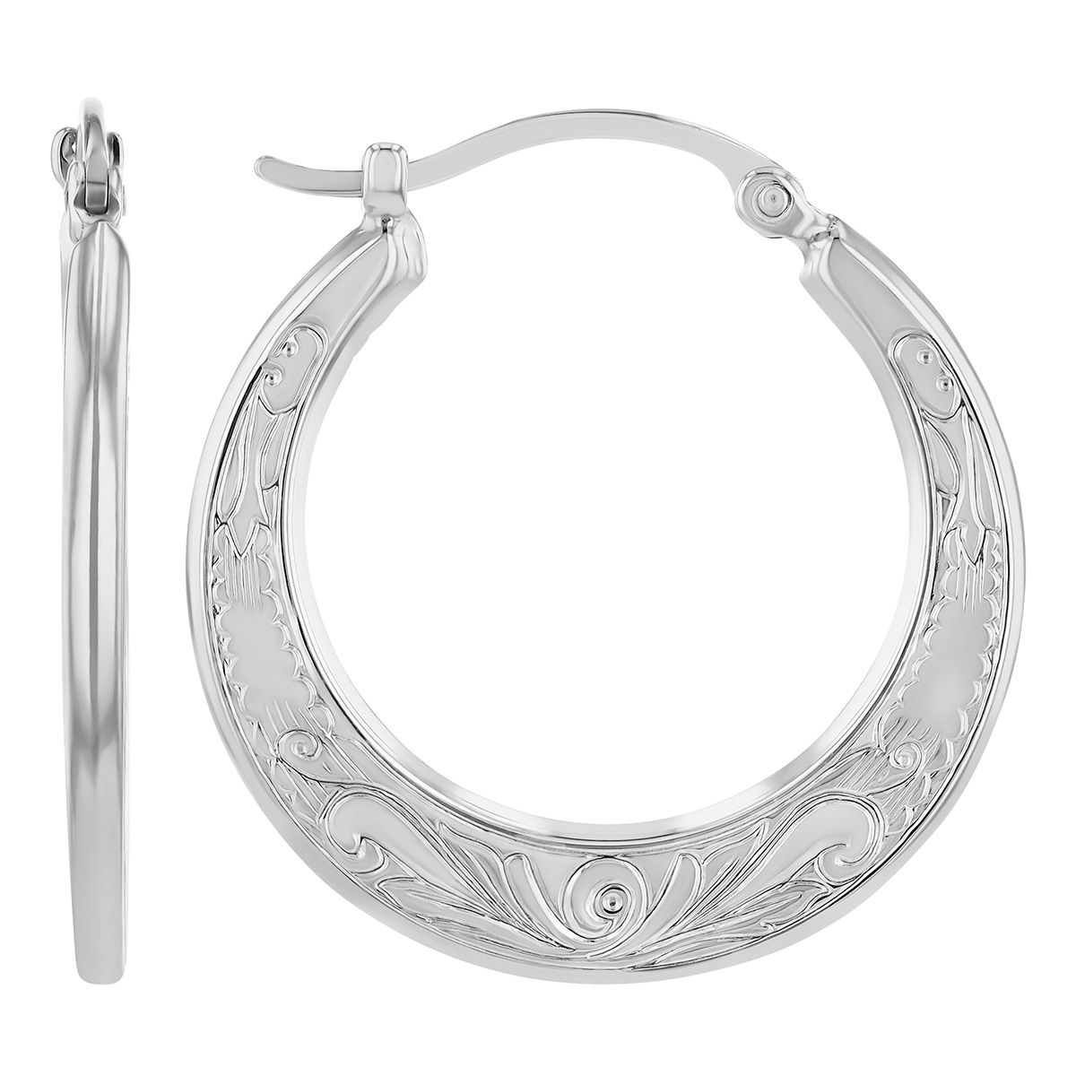 White Gold Embossed Flat Hoop Earrings