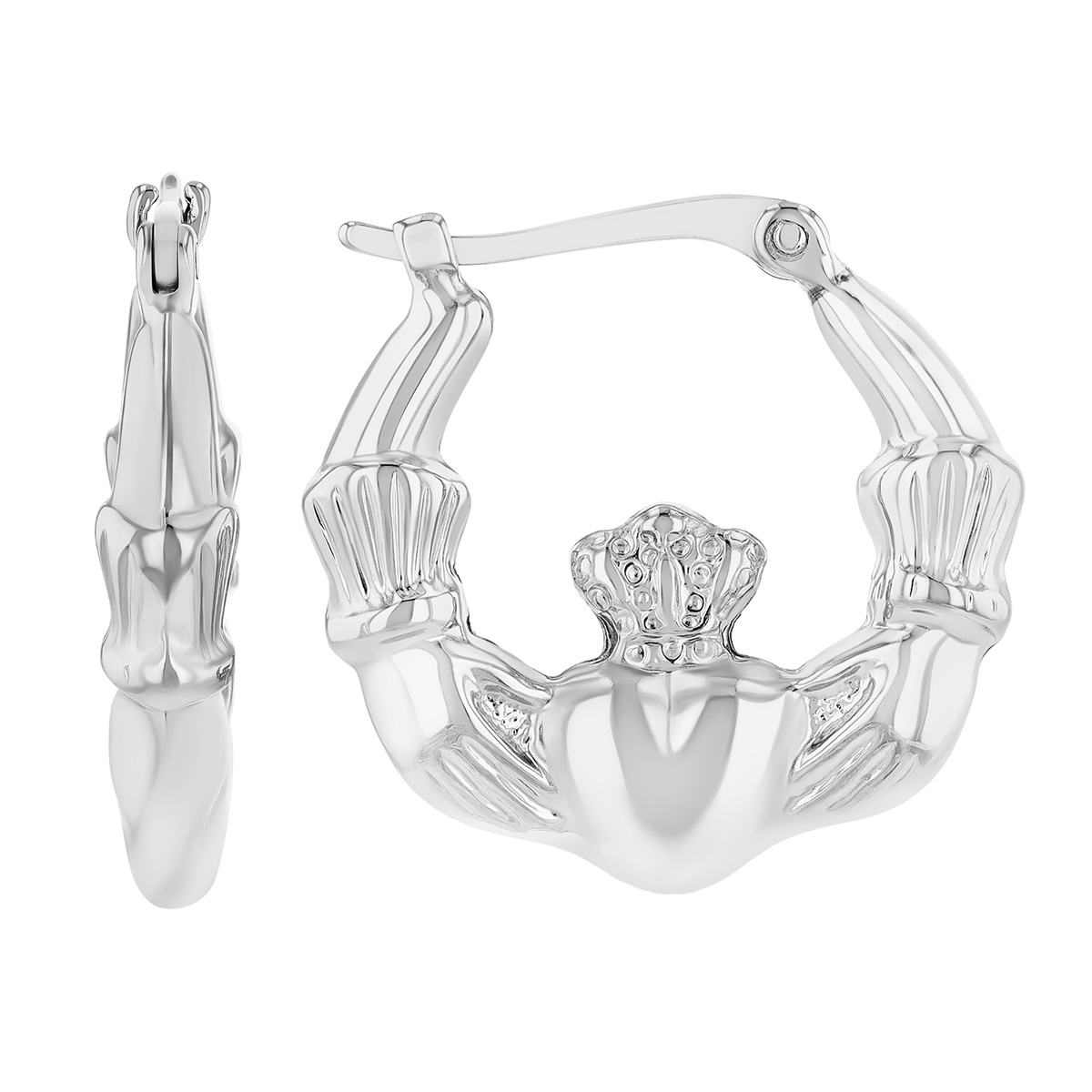 White Gold Claddagh Heart & Hands Hoop Earrings