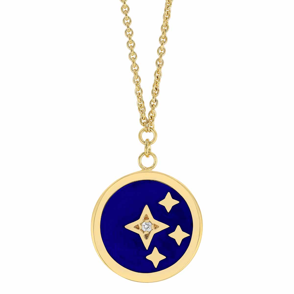 Blue Enamel & Diamond Star Disc Pendant in Yellow Gold, 18