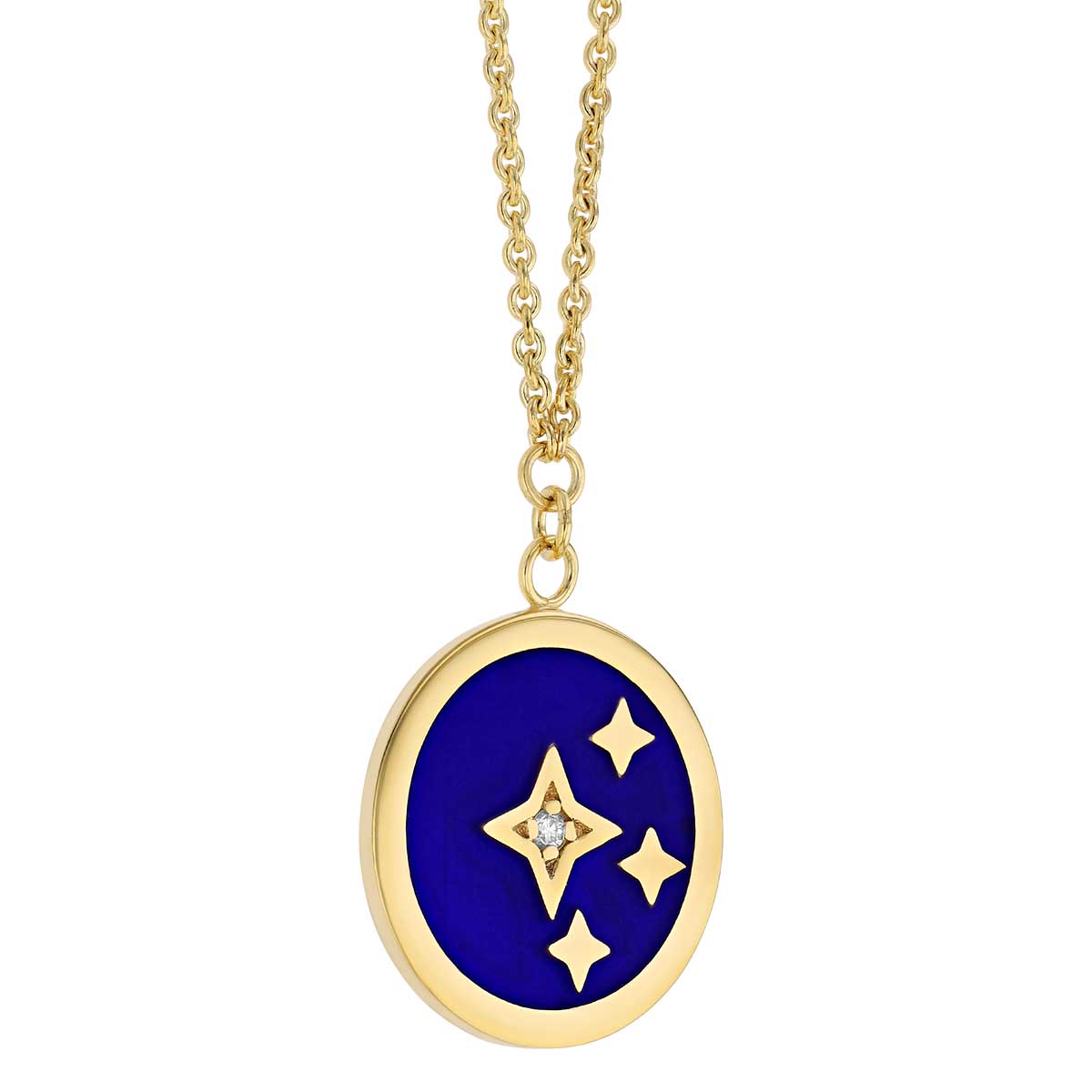 Blue Enamel & Diamond Star Disc Pendant in Yellow Gold, 18
