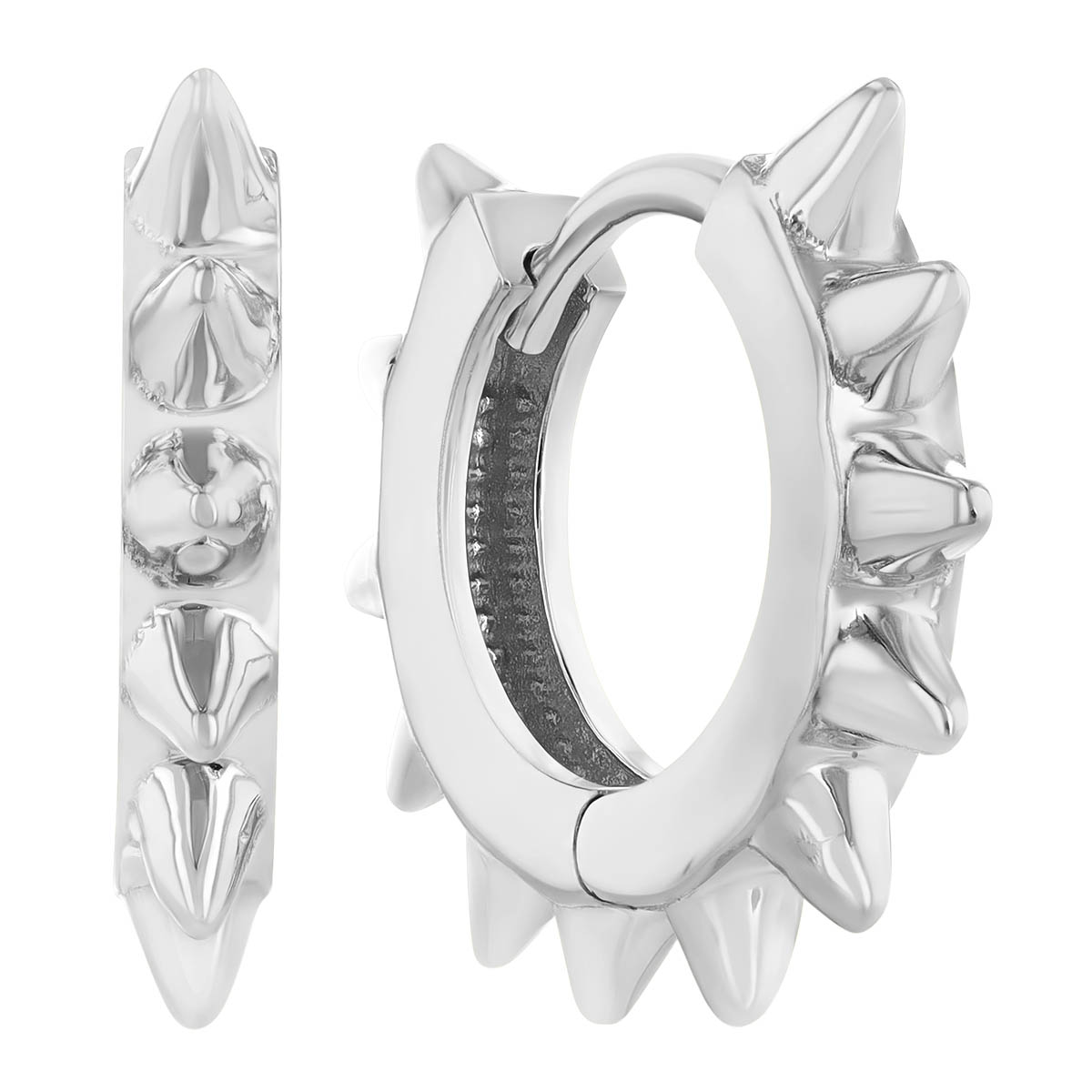 White Gold Spike Huggie Hoop Earrings, 10 mm