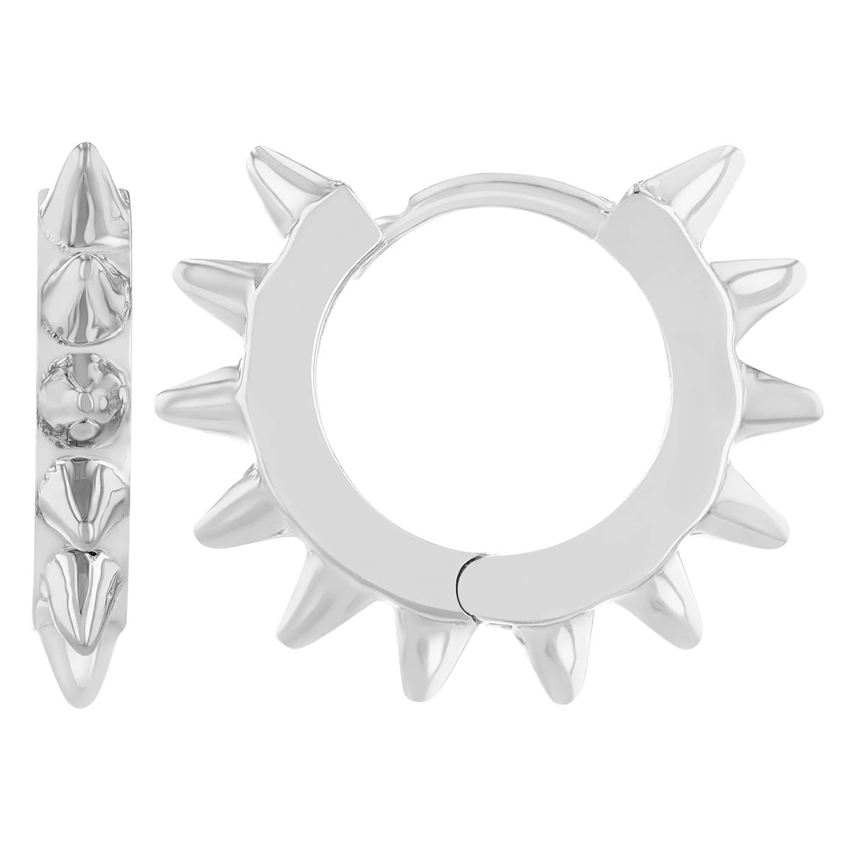 White Gold Spike Huggie Hoop Earrings, 10 mm