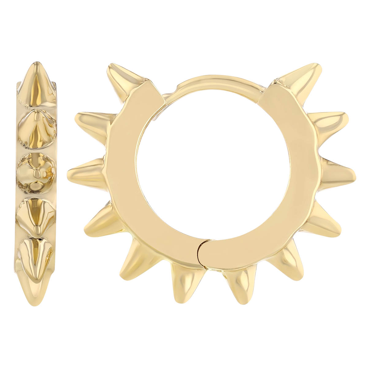 Yellow Gold Spike Huggie Hoop Earrings, 10 mm
