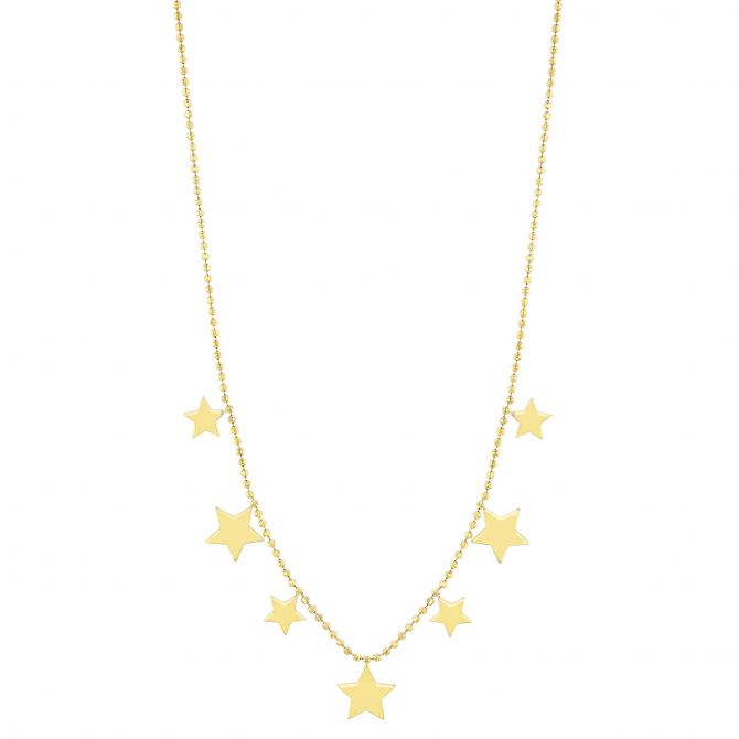 Yellow Gold Star 7 Dangle Station Necklace, 18"