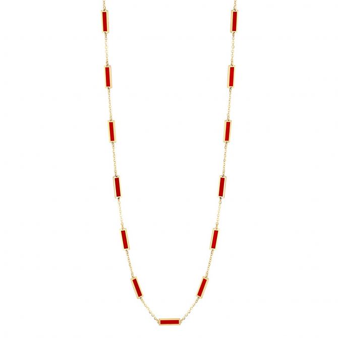 Frederic Sage Red Enamel Bar Station Necklace in Yellow Gold, 18"
