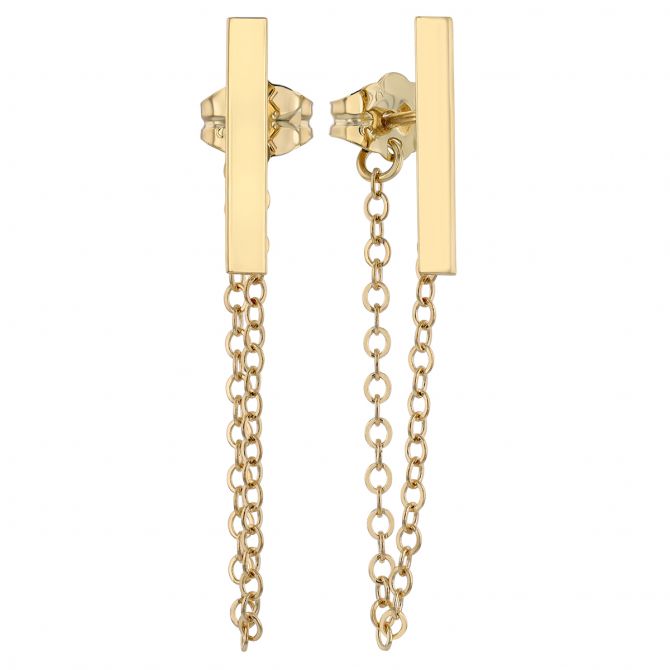 Yellow Gold Bar Stud & Front-to-Back Chain Earrings