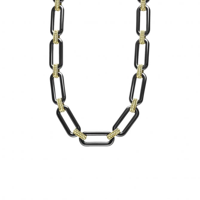 LAGOS Signature Caviar 18K Gold and Black Ceramic Link Necklace, 18"