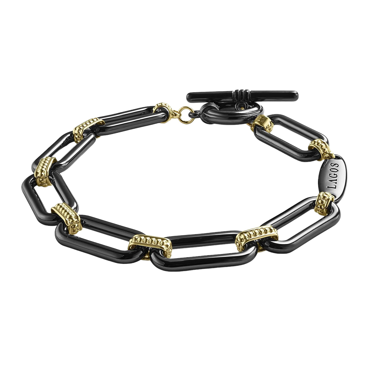 LAGOS Signature Caviar 18K Gold and Black Ceramic Link Bracelet, 7