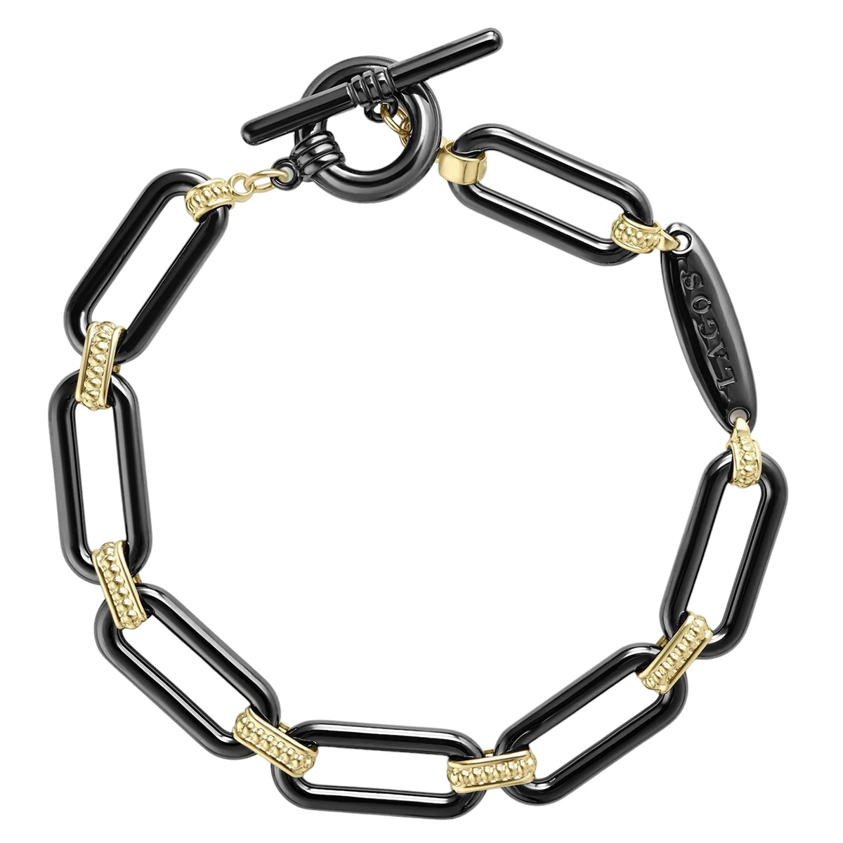 LAGOS Signature Caviar 18K Gold and Black Ceramic Link Bracelet, 7