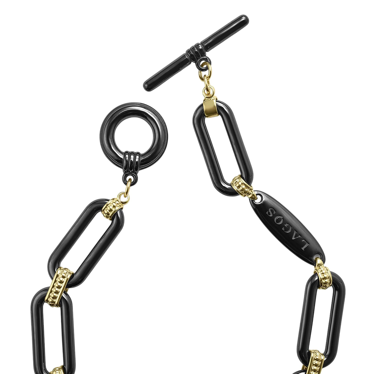 LAGOS Signature Caviar 18K Gold and Black Ceramic Link Bracelet, 7