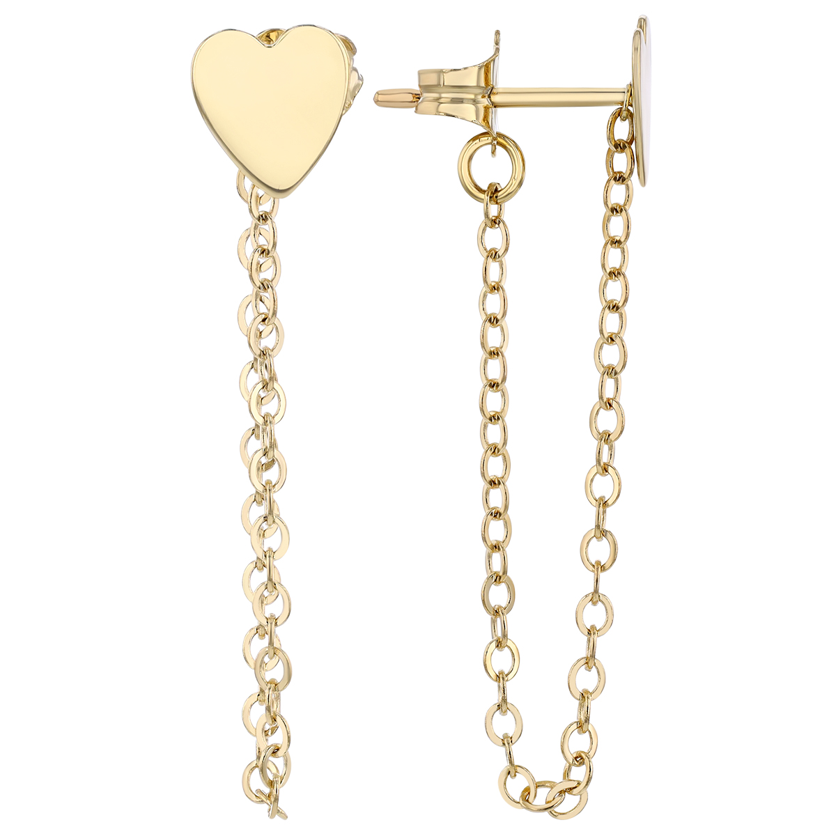 Yellow Gold Heart Stud & Front-to-Back Chain Earrings