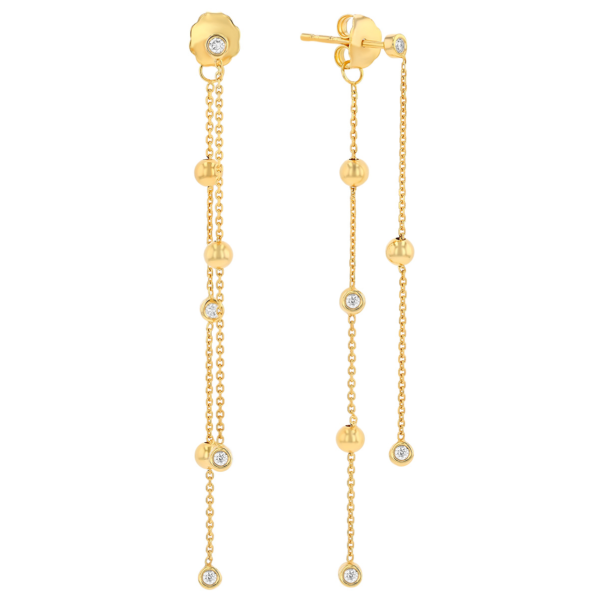 Bezel Set Diamond & Yellow Gold Bead Front & Back Dangle Earrings